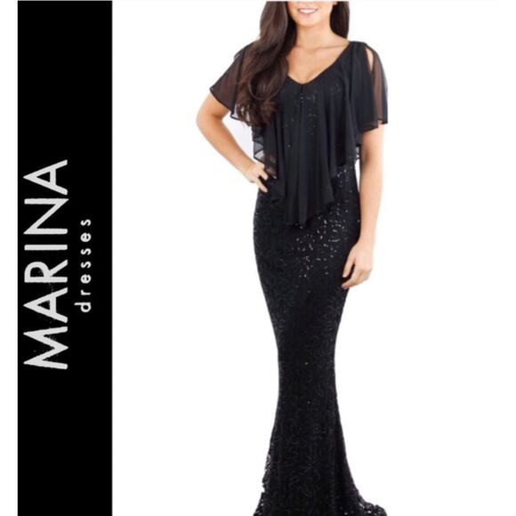 MARINA Dresses & Skirts - Marina Sequin Lace Mermaid BodyCon Dress Chiffon Popover Cape | Sz 6, Black NEW